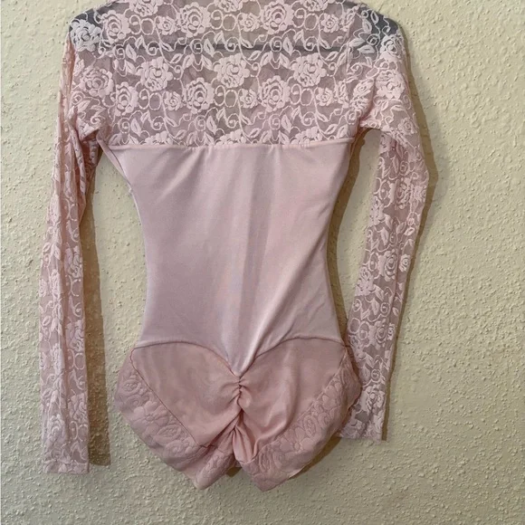 Pink Lace Long Sleeve Bodysuit with Tie Front - Picture 3 of 5